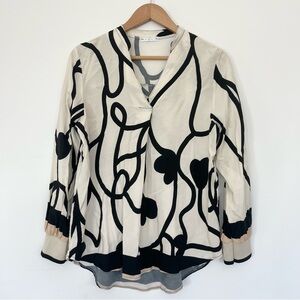 Three Stars Elegant Black Cream Blouse w Ribbon Design Women's Top w Cuff Small